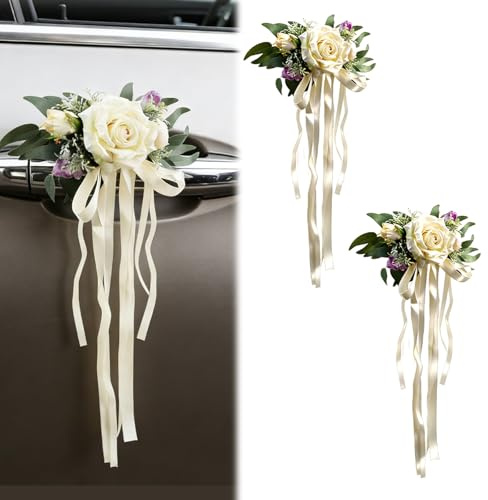 2 pezzi di decorazione auto per matrimonio, decorazione auto per matrimonio, fiocco per auto per matrimonio, simulazione di fiori per matrimonio per auto, per specchietto retrovisore auto, maniglie