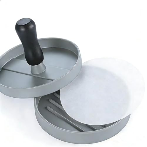 Burger Patty Maker Non-Stick Aluminium Burger Press with 100 Parchment Papers, Detachable Handle, 12cm Diameter, Dishwasher-Safe Suitable for Burgers, Cheeseburgers, Patties (Light Gray Burger Press)