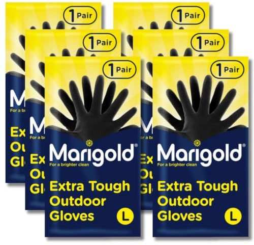 Marigold 6 Pairs of Extra Tough Outdoor Gloves | Roll-Top Cuffs Natural Rubber Latex Textured Grip Gloves with Cotton Lining for Gardening & Outdoor Cleaning | (Large) - Black