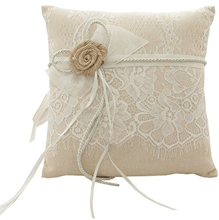 RIMOBUL Wedding Ring Pillow, Bearer Pillow Lace & Flower Ring Cushion for Beach Wedding Party Ceremony 8.2 x 8.2 - Ivory