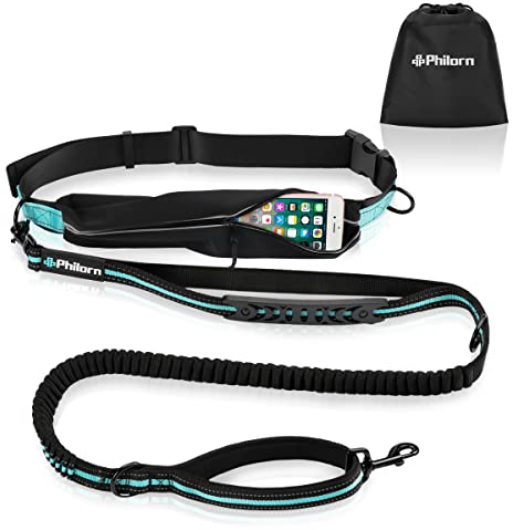 Philorn Freihand Hundeleine 120 Bis 170 cm mit Gürteltasche, Joggingleine Hunde, Freihandleine | Reflektierend zu 55KG, Verstellbare Taillengürtel, Doppelgriff-Bungees für Laufen, Gehen