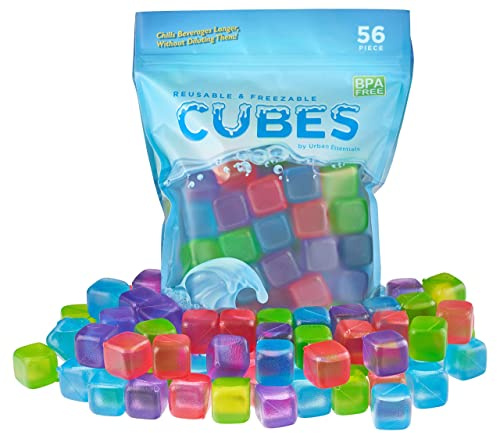 Urban Essentials Reusable Ice Cubes - Quick Freeze Colorful Plastic Square Ice cubes With Resealable Bag Assorted Colors Pack Of 56