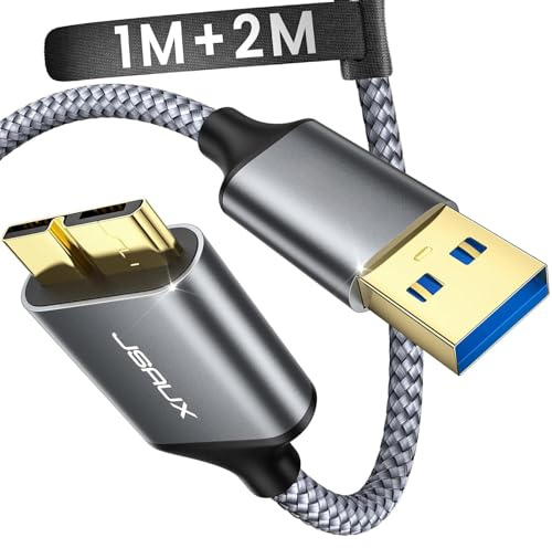 JSAUX Hard Drive Cable [2 Pack,1M+2M] USB 3.0 A to Micro B Nylon Cable Compatible with Portable External Hard Drives,WD Elements,Seagate Expansion,Toshiba,Samsung M3 1TB/Galaxy S5/Note 3-Grey