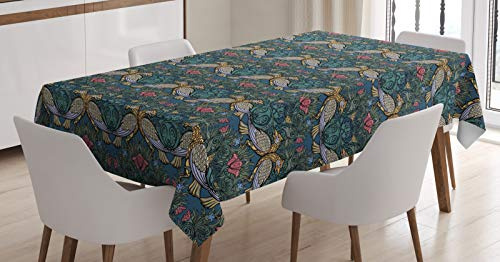 ABAKUHAUS Populaire Nappe, Coquelicots jacinthes et Les Oiseaux, Impression D'ornement de Fleurs de Noël, Couleurs résistantes, Convient pour l'intérieur et l'extérieur, Lavable, Émeraude Rose