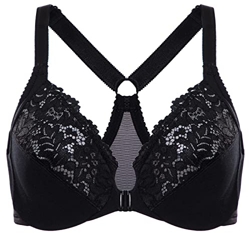 Delimira Women's Front Fastening Bra Racer Back Lace Plus Size Non Padded Underwired Black 40E