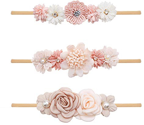cherrboll 3 st baby flicka blomma pannband, supermjuka och stretchiga nylon blommiga hårband för nyfödda småbarn