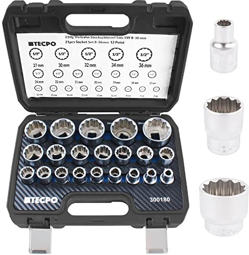 TECPO Vielzahn Steckschlüssel Satz, 21-teilig 1/2 Zoll SW 8-36mm Zwölfkant 12-Kant Nusskasten Nuss Set Innenvielzahn Satz KFZ Werkstatt Nuss
