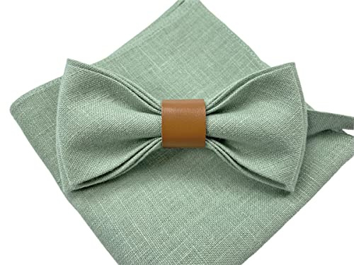 Leinen Accessoires: Fliege mit Leder, Hosenträger mit Leder, Einstecktuch, Manschettenknöpfe für Herren