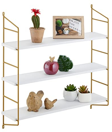 Relaxdays Wandregal, HxBxT: 60 x 60 x 15 cm, Schweberegal mit 3 Ablagen, MDF & Eisen, Hängeregal Wohnzimmer, weiß/Gold