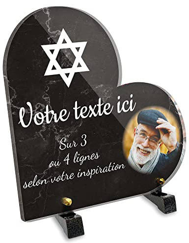 Plaque funéraire Coeur avec photo personnalisable en plexi motif Croix Juive, différentes tailles, épaisseur 6mm, personnalisée sur plusieurs lignes 20x20 cm