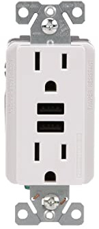 Eaton 3.6A USB Type A Charger with TR Duplex Receptacle 15A/125V Without Wallplate, White