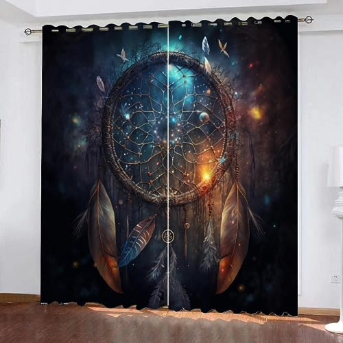 VULORA Traumfänger Gardinen Blickdicht Vorhang Feder Thermo Vorhänge mit Ösen für Schlafzimmer Wohnzimmer Polyester Verdunklungsvorhänge Modern Kindergardine 150x166cm(BxH), 2er Set