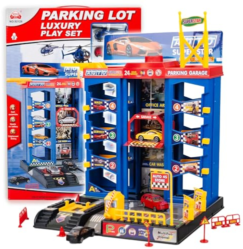 CELMAN Parkgarage Spielset für Kinder - Multifunktionale Spielzeugauto Parkhaus mit Aufzug und Werkstatt inkl. 3 Metall Autos, Helikopter und Zubehör, Spielzeug für Kinder ab 3 4 5 6 7 8 Jahren