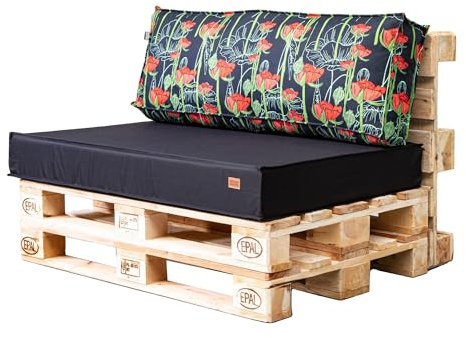 GoldenGroup Gartenset Kissen für Palettenmöbel Schwarz & Mohnblumen, Strapazierfähiges Gewebe, Palettenkissen Set Gefüllt Schaumgranulat & Schaumstoff, 120x80x10 Sitzkissen (2X) 60x40x15 Rückenkissen