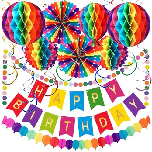 Ceysin Geburtstagsdeko - Premium Wiederverwendbare Party Deko, Geburtstag Deko, Party Zubehör mit Happy Birthday Girlande, Buntes Pompons, Wabenbälle, Dreieckige Farbige Flagge, für Männer Frauen