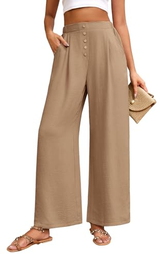 TOMEEK Pantalones Mujer Verano Anchos Suelto Rectos Cintura Alta Pantalon de Pierna Casual Elástica Pantalón con Botones Cómodos Frescos Pantalones de Traje con Bolsillos(Caqui,M)