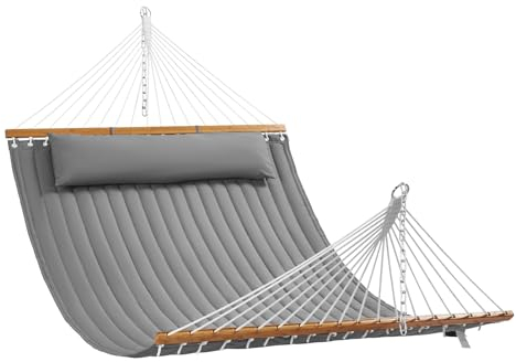 VEVOR Hängematte für 2 Personen Doppelhängematte mit gebogenem Spreizstab abnehmbarem Kissen und tragbarer Tragetasche Hängematte für den Außenbereich Tragfähigkeit 200 kg Grau