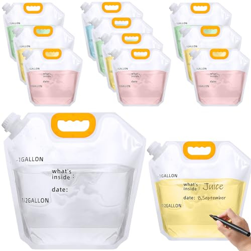 Tessco for you 12 Pack 1.3 Gallon Collapsible Water Storage Bag Water Container Emergency Jug Plastic Storage Pouch Freezable Carrier Tank Foldable Bottle for Outdoor Sport Camping (Clear with Scale)