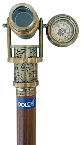 Dolchi Bastón de latón con mango de brújula telescópica victoriana vintage, bastón de madera plegable steampunk para hombres y mujeres