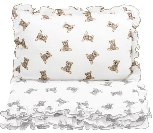 Pepi - Bettwäsche mit Rüschen - Kissen 40×60 und Bettdecke 120×90 - Musselin Bettwäsche - Rüschenbettwäsche - Bettwäsche - Bettwäsche Blümchen - Bettwäsche Sommer - (Sweet Teddy, 120x90)