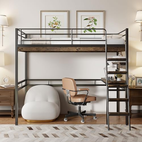 Moimhear Cama alta, 90 x 200 cm, sin colchón, cama con escritorio, estantes, barandilla, escalera, marco de hierro, negro