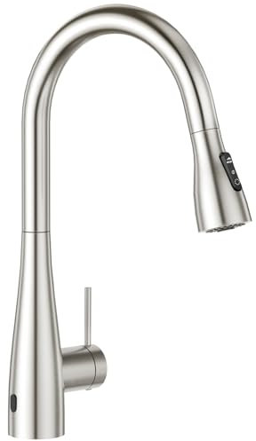 CREA Infrarot Sensor Wasserhahn Küche Edelstahl Mit Ausziehbare Brause Küchenarmatur 360° Schwenkbar Mischbatterien für Küche Armatur Einhandmischer für Küchen Spültischarmatur,Gebürstet