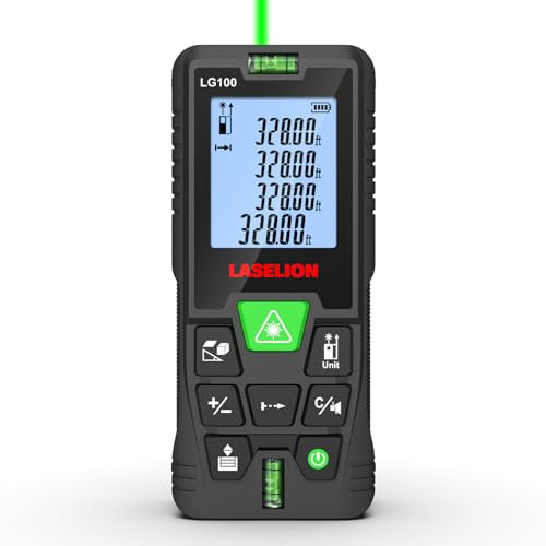 Télémètre Laser Vert Mètre Laser 100M Numérique, Laser Vert pour Une Meilleure Visibilité, Niveau à Bulle Intégré, Plusieurs Modes de Mesure avec 2 Piles AA LASELION LG100
