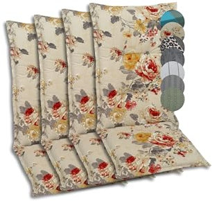GO-DE Textil Bequeme und attraktive Polsterauflagen für Hochlehner-Gartenstühle (4er-Set, Blumen Beige, Hochlehner)