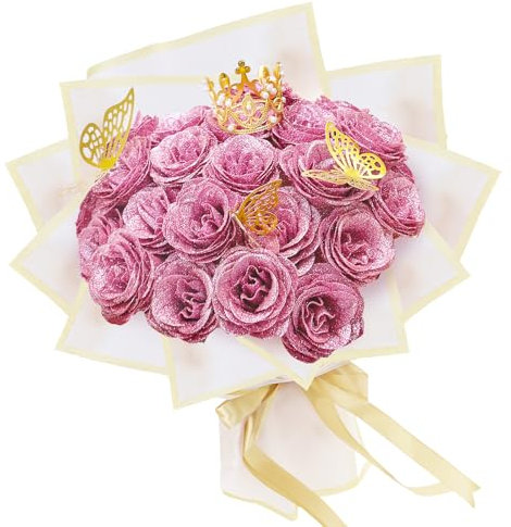 LARDUX Bouquet di rose con brillantini, bouquet di rose artificiali, bouquet di rose artificiali, fai da te, con corona per San Valentino, matrimonio, fidanzamento, compleanno (rosa)