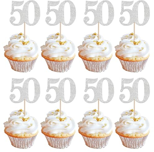 Xsstarmi 36 Pack Number 50 Cupcake Toppers Silver Glitter Cheers to 50 Years Birthday Cupcake Picks Decoration for Happy 50th Birthday Wedding Anniversary Party Cake Decorations