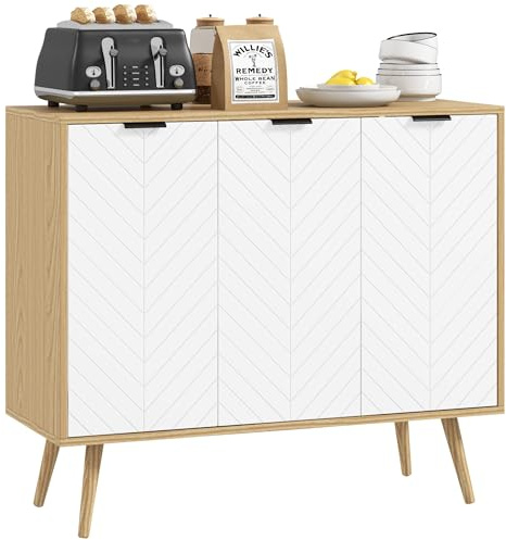 HOMCOM Buffet Salon 3 Portes 91,5 x 35 x 77,4 cm Blanc et Bois Naturel