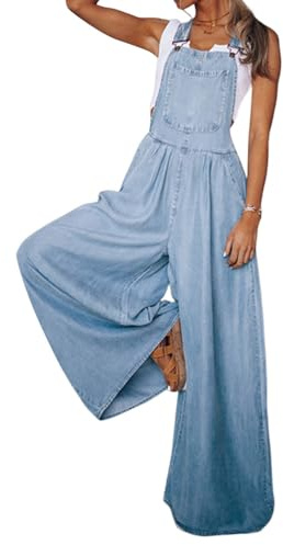 shownicer Salopette Donna Casual Tuta di Jeans Vintage Tinta Unita Pantaloni in Denim Estive Overall Jumpsuit A Azzurro XXL