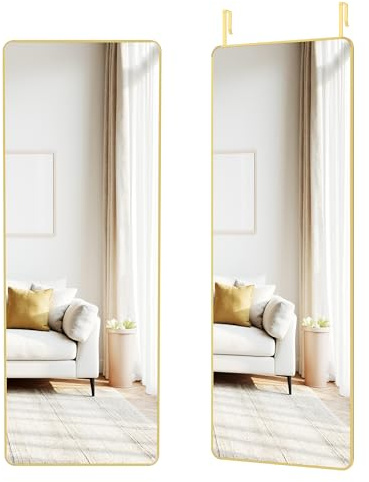 SONGMICS Full Length Hanging Mirror, 120 x 40 cm, Rectangular Full Body Mirror, Over the Door or Wall Mounted Mirror, Tempered Glass, for Bedroom, Living Room, Cloakroom, Pale Gold LFM032AB01