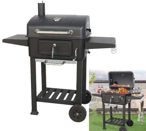 Barbecue à charbon portable avec roulettes, thermomètre visuel, grille d'aération réglable et bassin élévateur pour la cuisine en plein air, les pique-niques, le camping