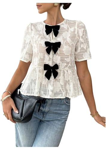 GORGLITTER Women's Floral Peplum Tops Bow Sheer Short Sleeve Blouses Dressy Cute Babydoll Tops Summer Going Out Outfits Beige Medium