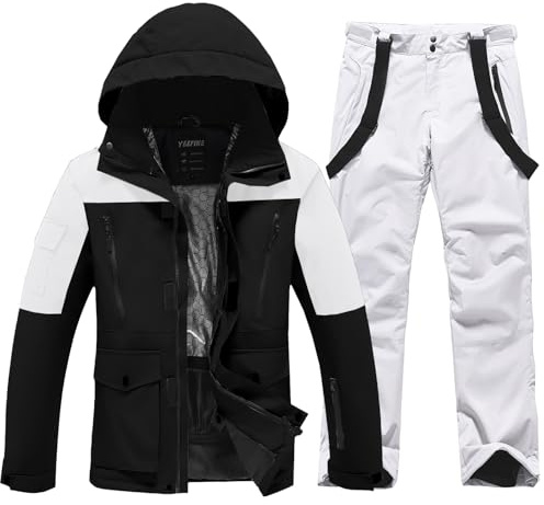 ALSOGO Skiddräkter för män, 2-delat snowboardset, vattentät, vindtät, vinter, varm, skidjacka och byxor, set för skidåkning, snowboard, klättring, S01-BK+vit, L