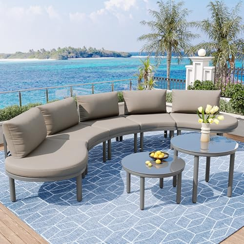 LANTRO JS Gartenmöbel Set(5 Sitzer), Lounge Möbel Outdoor mit 2 Couchtische aus Gehärtetem Glas, Balkon Stuhl, Möbelsets, Grauen Sitzpolstern und Kissen