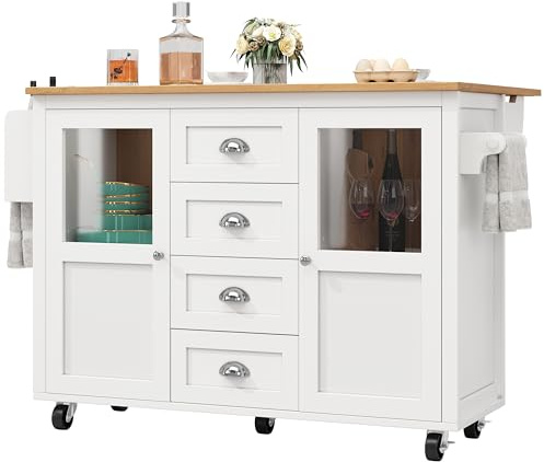 Senmate Isola Cucina con Rotelle, Mobile Cucina Multifunzione con 4 Cassetti & 2 Ante, Credenza con Piano Ribaltabile, Porta Asciugamani e Scaffale Spezie, per Piccole Cucine (Bianco)