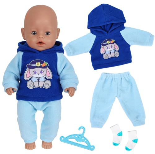 4 Pcs Baby Puppen Puppenkleidung 30-43 cm, Kleidung Outfits für Baby Puppen Enthält 1 Blaues Rabbit Hoodie 1 Hose 1 Socken 1 Kleiderbügel für 12-18 Zoll Puppen Zubehör Kinder Geschenk