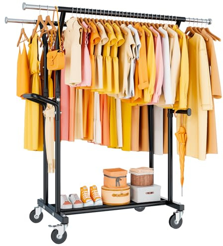800LBS Heavy Duty Clothes Rack: Rolling Clothing Rack for Hanging Coat Double Rods Portable Wardrobe Garment Racks with Wheels Shelf Sturdy Metal Adjustable Bedroom Laundry Living Room (Black)
