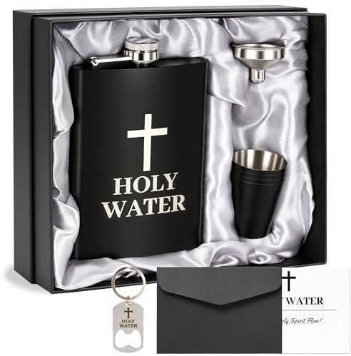 Flachmann mit Gravur Holy Water 8oz Edelstahl Geschenkset für Männer, Lustiger Whiskey Flachmann Set mit 4 Bechern & Trichter, Auslaufsicher, Geschenk für Vatertag, Geburtstag, Camping