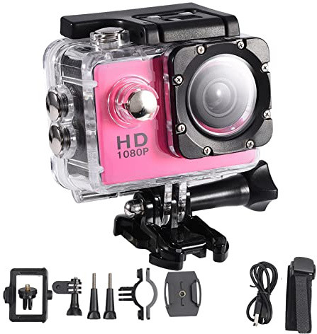 Pyltha Cámara Deportiva Mini DV Sumergible 1080P Azul - Impermeable 30m, Pantalla HD 2'', Soporte Bicicleta, Ideal para Deportes al Aire Libre (Rosa)