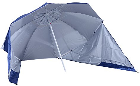 Outsunny 2 in 1 Sonnenschirm Strand Ø 210 cm UPF 50+ windfest Strandschirm mit Seitenwänden Tragtasche Balkon-Schirm faltbarer Gartenschirm Sonnenschutz für Reisen, Strand, Balkon Camping Blau