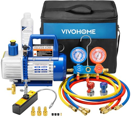 VIVOHOME Bomba de vacío de aire de paleta rotativa de una sola etapa de 110 V 1/3 HP 4 CFM y kit de manómetro de CA R134a con detector de fugas, bolsa de transporte para aire acondicionado HVAC,