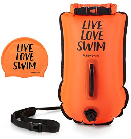 Buddyswim Set Freiwasser Schwimmboje 20 Liter und Badekappe. Sicherheitsschwimmboje für das Schwimmen im offenen Wasser Schwimmhilfe mit wasserdichtem Beutel und Silikonkappe.