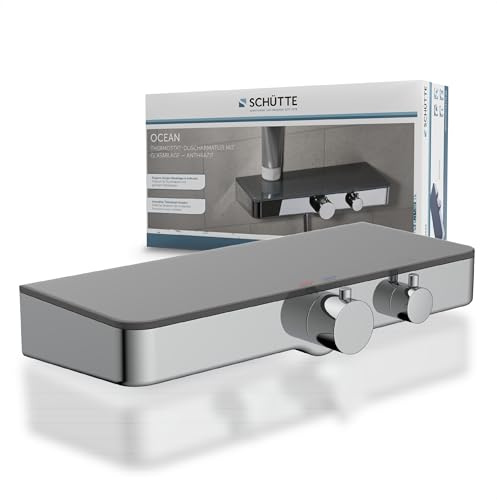 SCHÜTTE 60536 Ocean Thermostat Duscharmatur Set, Mischbatterie Verbrühschutz bei 38 Grad, Armatur Einhebelmischer Dusche mit Ablage aus Sicherheitsglas, Grau, Anthrazit