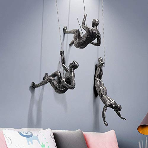 Tauzveok Kletterer Skulpturen,Skulptur Bungee,Metall Wall Art Skulptur Klettern Dekorative Skulpturen Bastet Statue Bungee Jumping Man Klettern Wallhanging Figuren Abseiling,Silver3