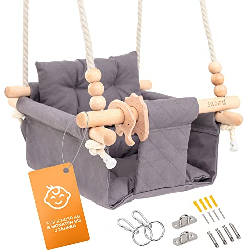 SWINGG® Babyschaukel Indoor Outdoor - Bequeme Baby Schaukel mit Sicherheitsgurt | stabiles Befestigungsset & Anti-Rutsch Sitzkissen | Türrahmenschaukel aus Holz & Baumwolle, Zertifiziert für EU