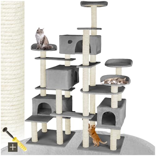 tectake® Arbre à Chat XXL Griffoir pour Chat 214 cm, 4X Maisons 4X Lits Jeux Appartement Accessoire Chats avec Couchage Chats Grattoir Chat Etagere