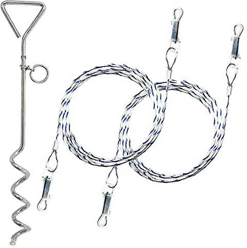 2 cadenas de perro de 1.5 m para el exterior de cable de amarre para perros, espiral de acero reflectante, accesorios para perros (cable y estaca, 2 x 1.5 m (cualquier color))